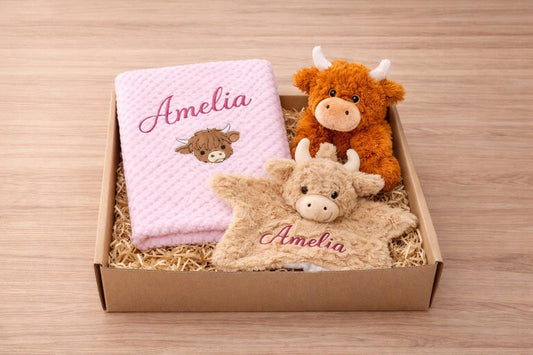 Personalised Blue Highland Cow Baby Gift Set