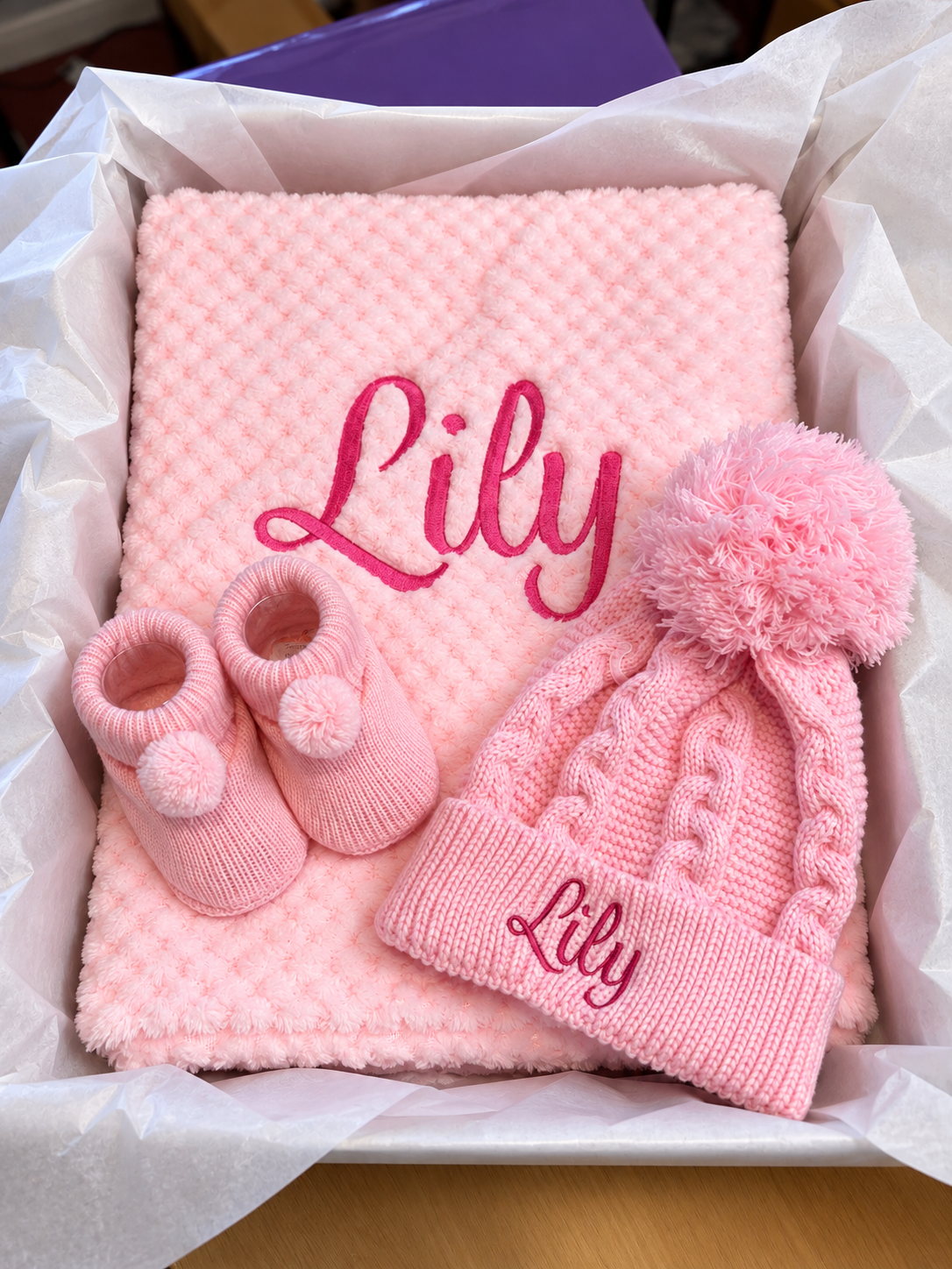 Personalised Blanket, Hat and Bootie set