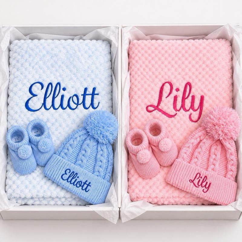 Personalised Blanket, Hat and Bootie set