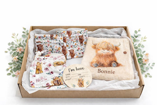Personalised Highland Cow Baby Gift Set