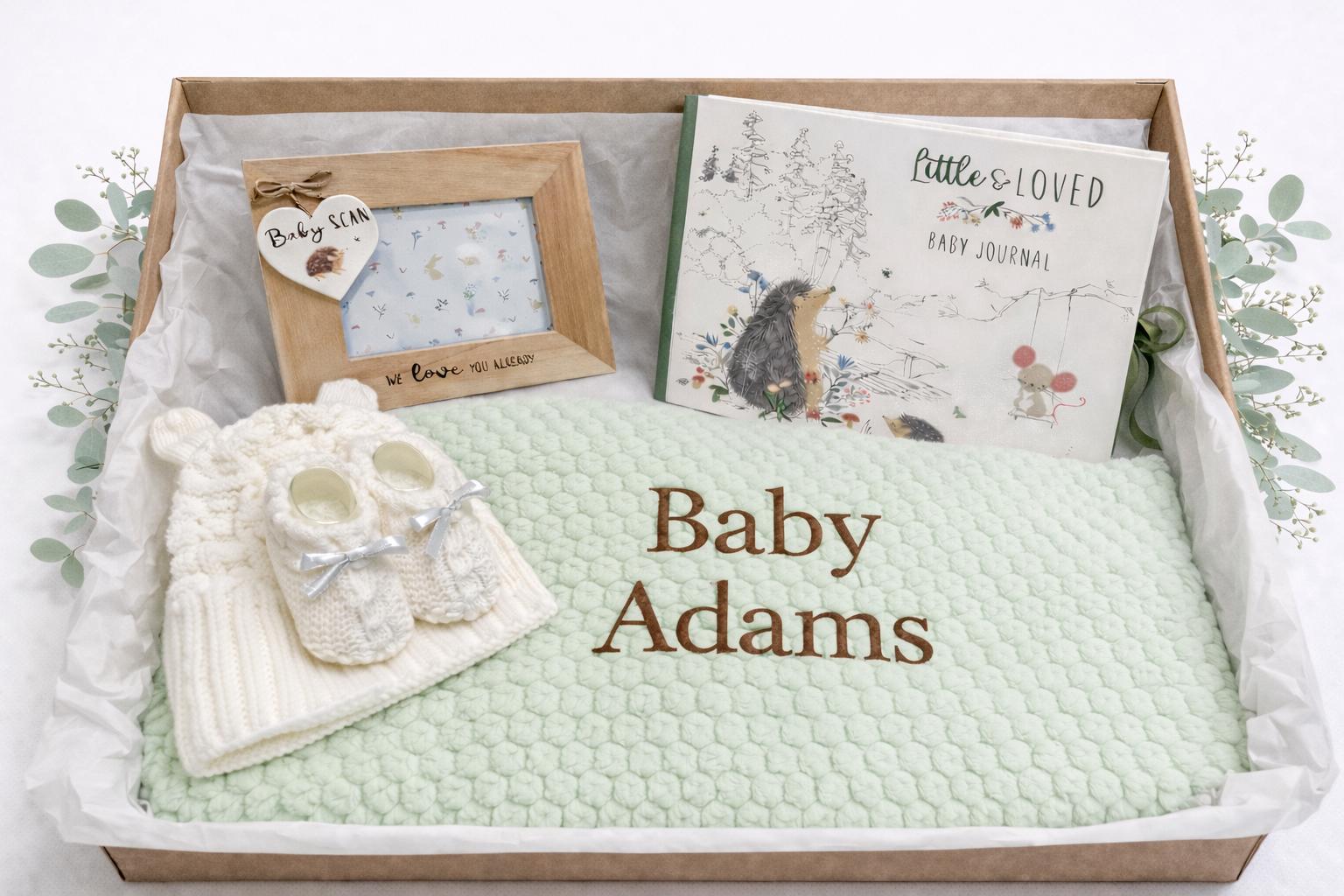 Baby Journal & Keepsake Frame Set - Personalised Baby Gift Box – Custom Name Blanket – Neutral New Baby Hamper