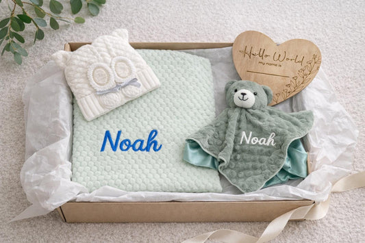 Personalised Teddy Comforter Baby Gift Set