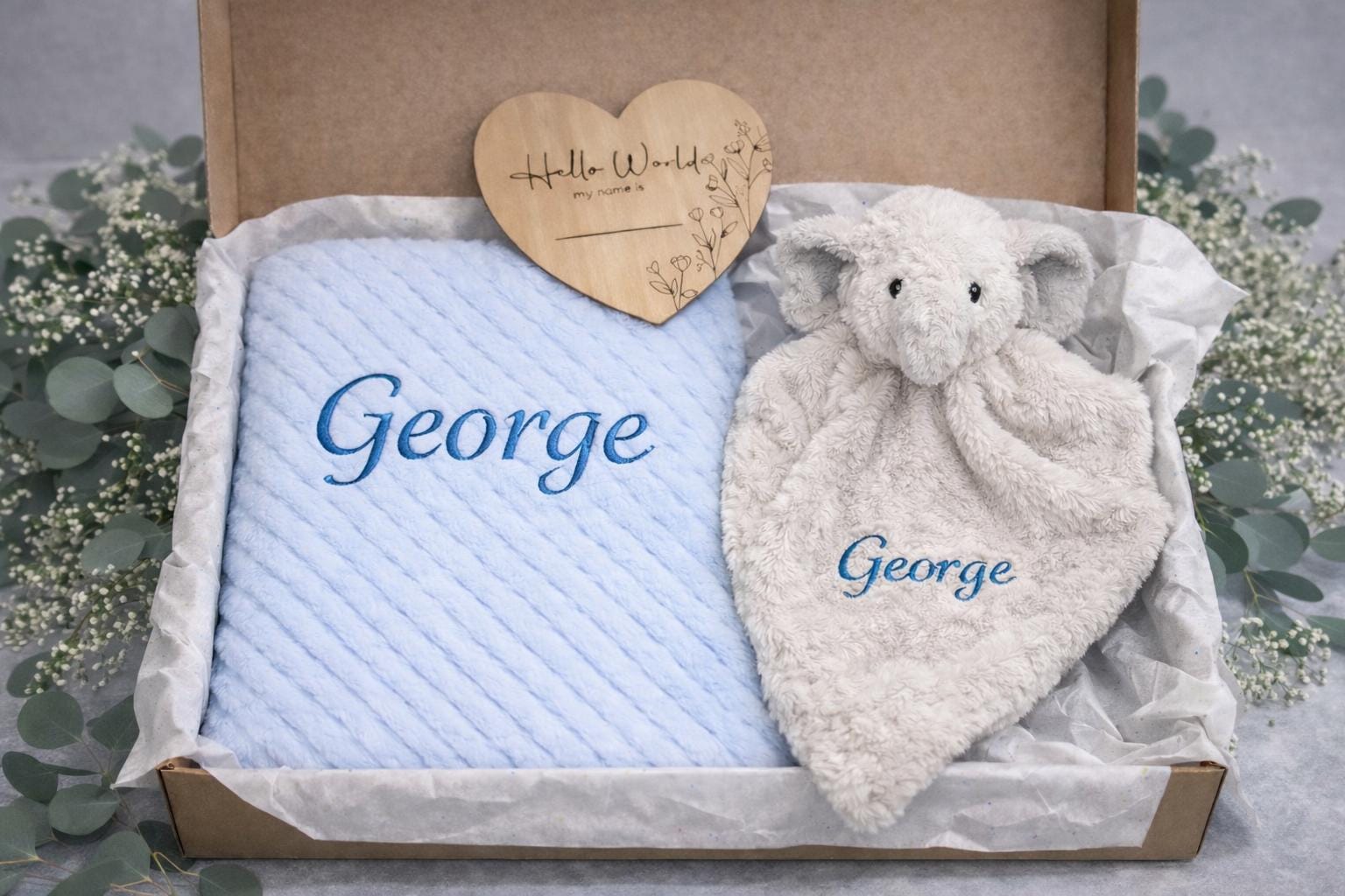 Personalised Baby Gift Set | Elephant Comforter | Baby Shower Gift Box | Newborn Keepsake | Safari Baby Gift