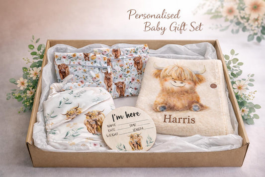 Personalised Highland Cow Baby Gift Set