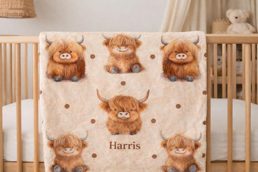 Personalised Highland Cow Baby Blanket – Scottish Baby Gift