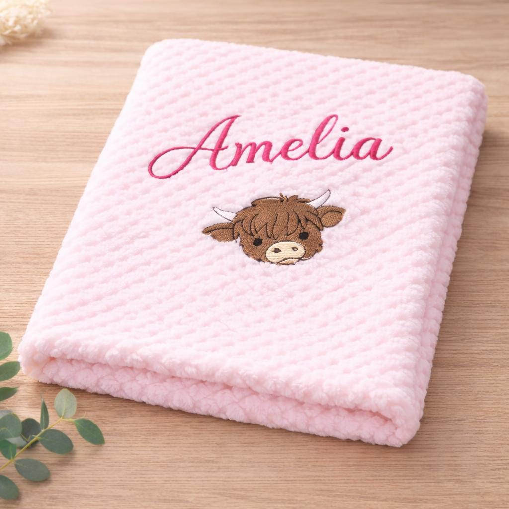 Personalised Highland Cow Baby Blanket Gift