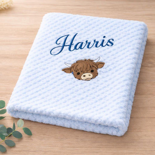 Personalised Highland Cow Baby Gift | Personalised Scottish baby boy blanket