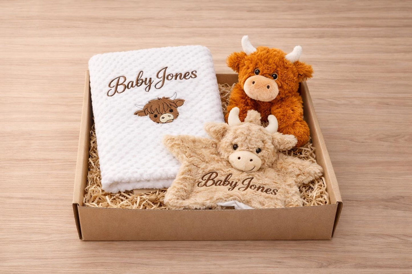 Personalised Pink Highland Cow Baby Gift Set